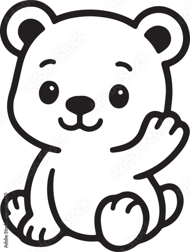 An adorable illustration of a charming little bear cub raises a paw, exuding friendly and cheerful demeanor. A minimalist representation of a beloved animal.