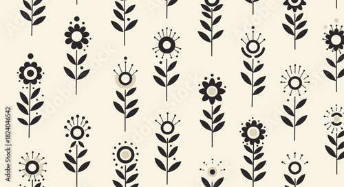 Elegant seamless pattern of stylized black folk art flowers on a light neutral background for a sophisticated textile design.