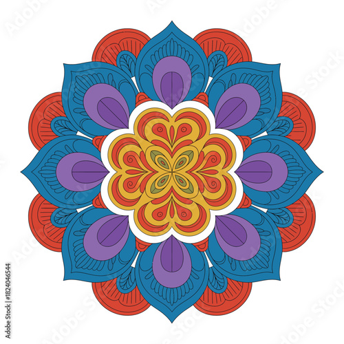 Bold Flat Style Mandala Vector Illustration.