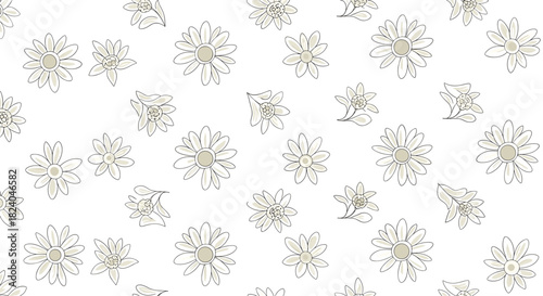 Delicate seamless pattern of scattered hand-drawn beige daisy flowers on a clean white background for a gentle textile.