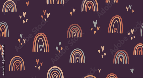 Seamless pattern on a dark background featuring bohemian style hand-drawn rainbows and hearts in a muted earth tone palette.