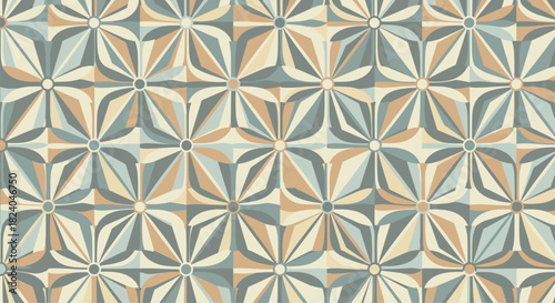 Seamless geometric pattern of stylized floral tiles in a muted retro color palette of blue beige and tan for wallpaper.