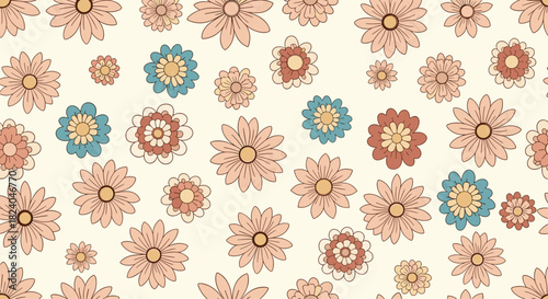 Seamless pattern of scattered retro-style flowers in warm earthy tones creating a groovy and nostalgic 70s floral design.