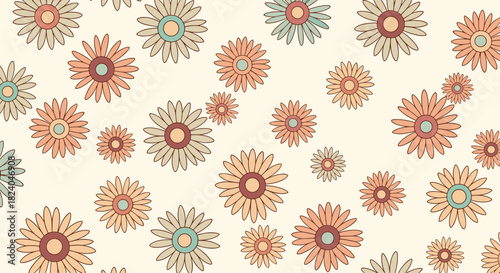 Seamless pattern of scattered retro-style flowers in a warm pastel color palette for a groovy and nostalgic 70s design.