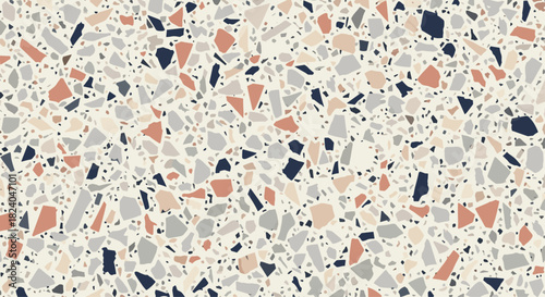 Seamless terrazzo flooring texture pattern with colorful stone and glass chips for a classic and modern interior design style.