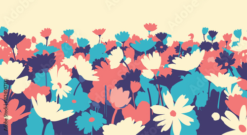 Horizontal banner background featuring a vibrant field of stylized flowers in a bold and colorful flat design art style.