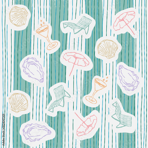 Seamless pattern with beach stickers umbrella chair and cocktails on stripes