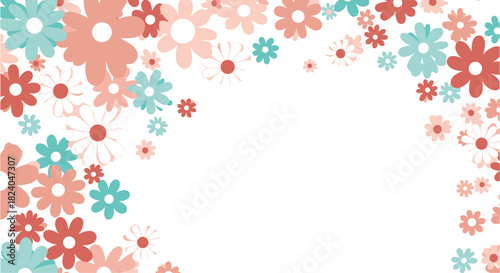 Floral background with a corner border of cute stylized flowers in pink and blue providing ample copy space for text.