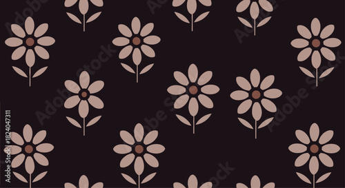 A simple geometric floral seamless pattern with stylized daisy flowers on a dark background for a retro yet modern design.