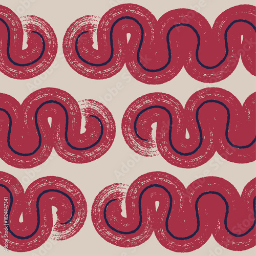 Abstract ethnic style thick wavy lines seamless pattern in red on beige background