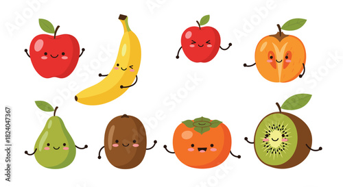 A cheerful set of cute kawaii fruit characters with smiling faces including apple banana pear and kiwi for healthy food fun.