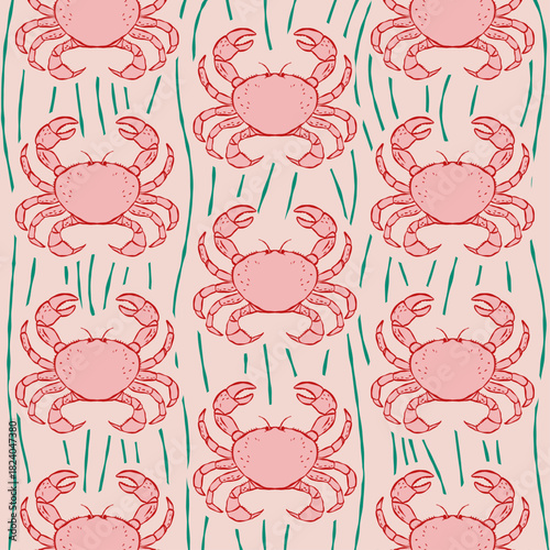Seamless pattern with hand drawn pink crabs and green seaweed on light pink background