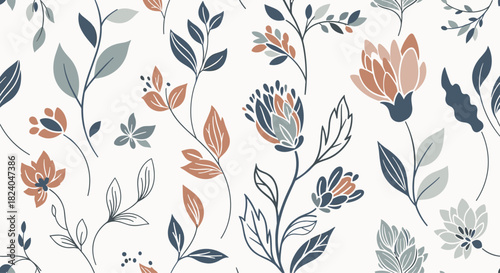 A beautiful seamless pattern with stylized folk art flowers and leaves in a muted vintage color palette for textile design.