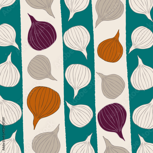 Seamless pattern with colorful onions on teal and white stripes