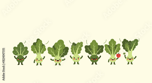 A horizontal banner with a cute row of dancing kawaii bok choy vegetable characters and ample copy space on a solid background.