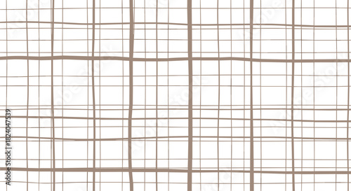 A minimalist seamless pattern of a hand-drawn grid with irregular brown lines creating a simple and rustic plaid texture.