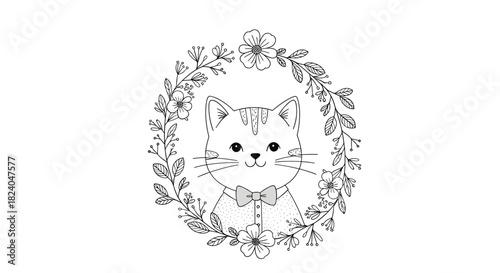 A charming hand-drawn coloring page illustration of a cute cat in a bow tie framed by a beautiful floral wreath design.