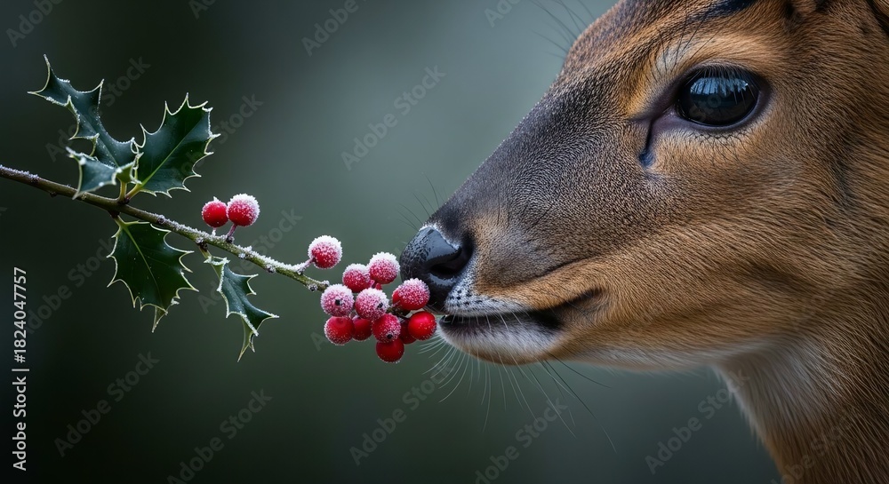 Naklejka premium Muntjac deer cautiously sniffs red berries on a holly branch in soft light