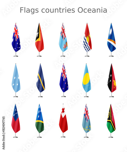 Set of flags of the countries of Oceania and Australia on a flagpole for official meetings, vector