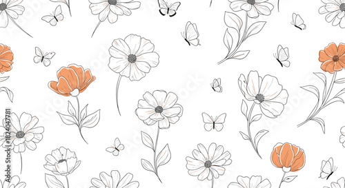 A delicate seamless pattern with beautiful hand-drawn sketch-style flowers and butterflies for a romantic vintage design.