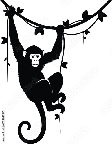 “Playful monkey hanging from tree branch, fun silhouette, clean vector cartoon-style pose.