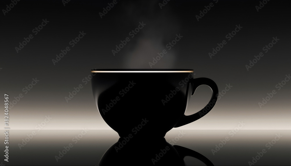 Fototapeta premium An elegant and dramatic low-key silhouette studio shot of a sleek black coffee cup with fine steam gently rising from the hot liquid, resting on a dark, reflective surface. The cup features a thin gol