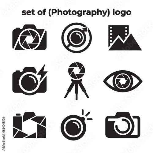 Professional vector set of nine photography icons including camera, shutter, and aperture logo designs in bold black and white for modern branding and digital applications.