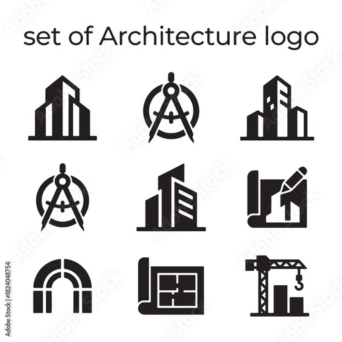 A collection of `vector` `icons` and `symbols` for `architecture`, `construction`, `engineering`, and `design`, featuring `building` structures, `blueprint` plans, and essential `tools`.