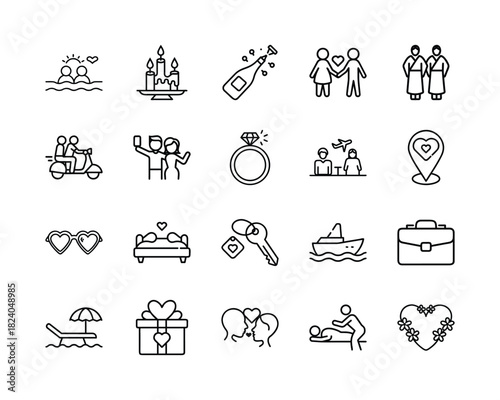 Romantic relationship, celebration, travel, and lifestyle line icons set. collection of outline pictograms featuring couples, engagement, leisure, and love. Vector, illustration