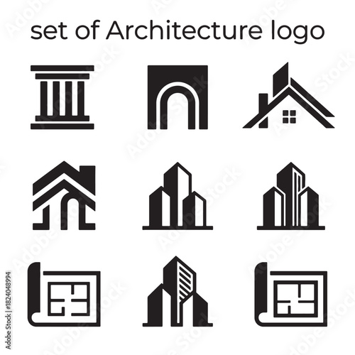 Modern architecture logo icons set, featuring diverse buildings, house, and real estate elements in a minimalist vector design for construction and design projects.