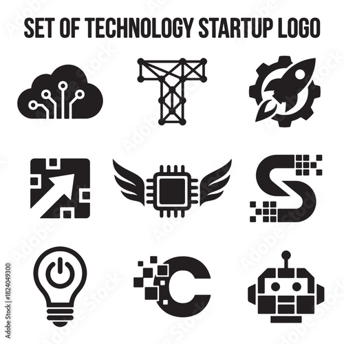 Modern black technology startup logo icons collection, featuring digital innovation concepts like cloud, robot, and software for business growth, on a clean white background, perfect for branding.