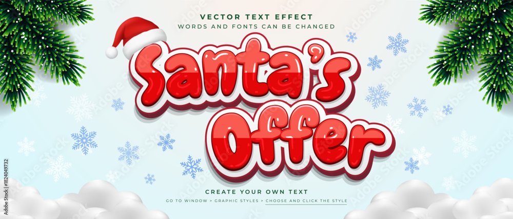 Obraz premium Santa Offer red bubble text effect with Santa hat, pine branches, and snowflakes