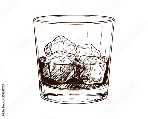 Whiskey Glass Filled with Large Round Ice Cube — Line Art Illustration