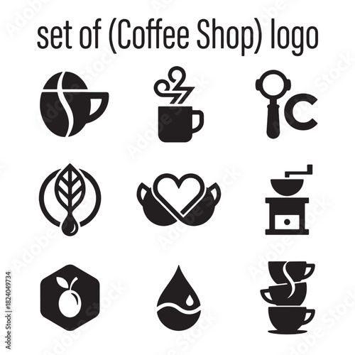 Collection of minimalist black vector coffee logos and icons, ideal for modern cafe and shop branding featuring beans and cups designs.