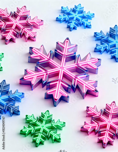 Christmas glowing snowflakes on white background for winter holiday card design.