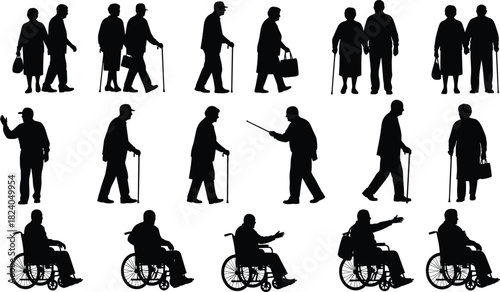 Silhouette collection of elderly people walking with canes and sitting in wheelchairs representing aging mobility support senior care assistance independence health concept