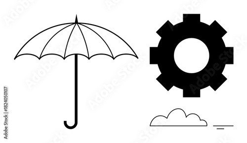 Technology concept. Black and white gear, umbrella, and cloud icons innovation. Technology enables communication, data security, and progress. Perfect for business, IT systems cloud storage