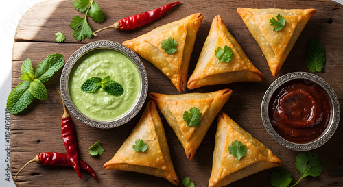 Fototapeta Naklejka Na Ścianę i Meble -  Crispy samosas served with chutney and mint sauce on a rustic wooden board table