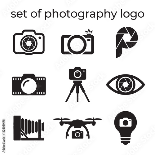 Modern minimalist photography camera logo set of vector icons in black for creative branding and professional design solutions.