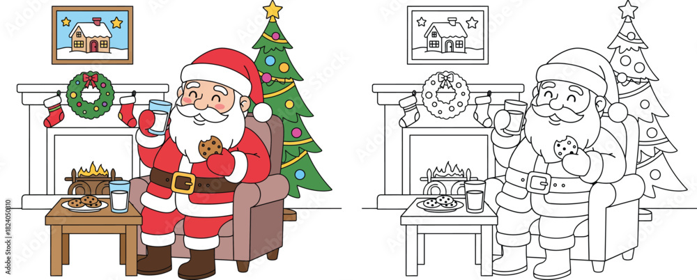 Obraz premium Christmas coloring page featuring Santa Claus sitting in armchair eating cookies and drinking milk near fireplace and tree, vector illustration with colored and outline versions