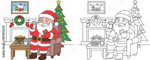 Christmas coloring page featuring Santa Claus sitting in armchair eating cookies and drinking milk near fireplace and tree, vector illustration with colored and outline versions