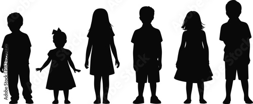 Silhouette group of children standing together in row representing childhood growth diversity innocence friendship playful kids concept isolated black figures illustration