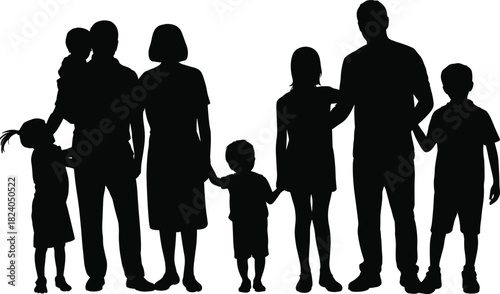 Silhouette of a large family group standing together with parents and children holding hands symbolizing unity love bonding connection support and togetherness