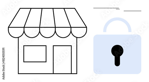 Small shop building with striped awning alongside a minimalist lock. Ideal for retail safety, store protection, business security, cybersecurity, access control, e-commerce trust, simple flat