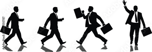 Silhouette of professional business people walking carrying briefcases showing corporate movement teamwork leadership success career progress dynamic office lifestyle concept