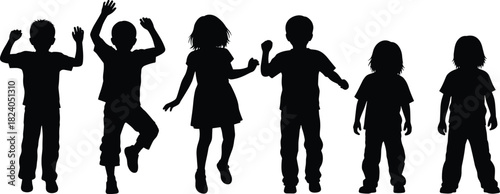Silhouettes of children jumping dancing and posing in energetic playful positions representing childhood joy activity motion movement and expressive body gestures in vector illustration