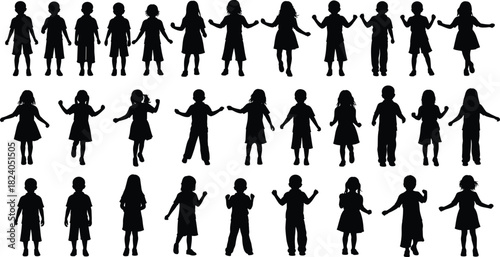 Silhouettes of children standing dancing and moving in playful poses representing childhood activity energy motion creativity and expressive body movements in vector illustration