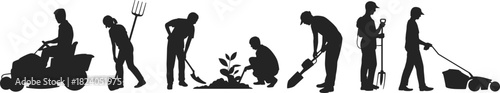 Silhouettes of professional gardeners performing various landscaping tasks including mowing, digging, planting, and yard maintenance in a clean minimal black vector illustration