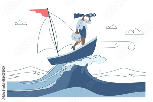 A businesswoman using binoculars on a boat in the ocean, Symbolizing leadership, Long-term vision, Flat vector.