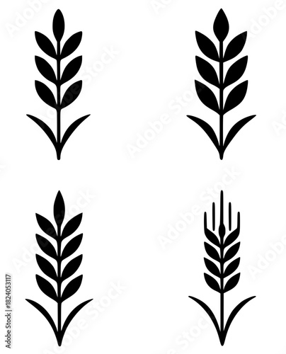 4 wheat illustration icons, black, transparent background